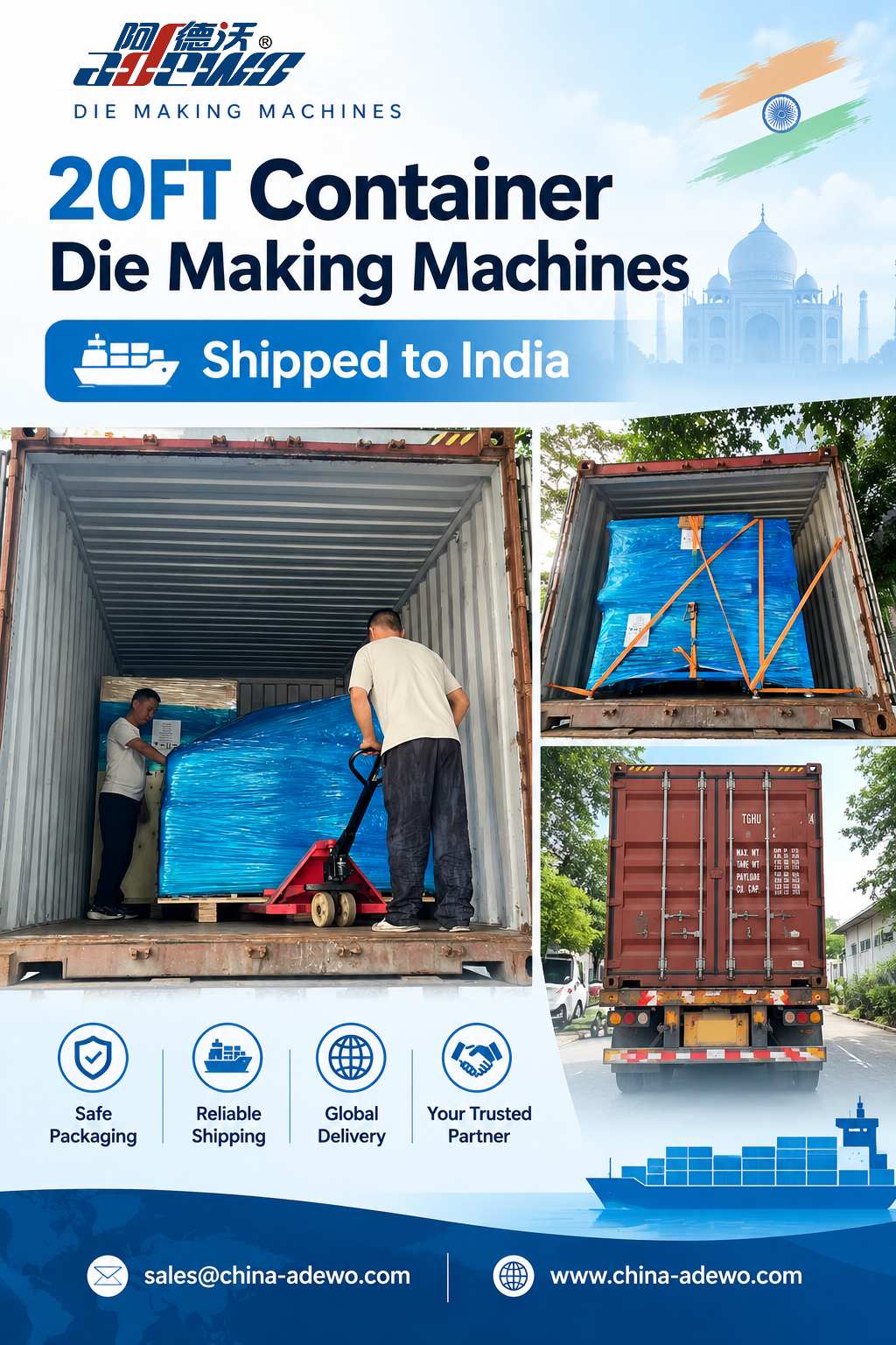 ADEWO Mengirimkan Empat Model Mesin Utama ke India dalam Kontainer Penuh, Meningkatkan Lini Produksi Pembuatan Cetakan Lokal
